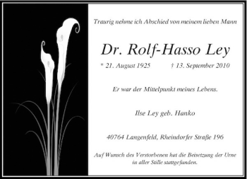 Traueranzeige von Dr. Rolf-Hasso Ley von Rheinische Post