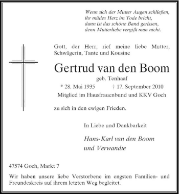 Traueranzeige von Gertrud van den Boom von Rheinische Post
