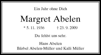Traueranzeige von Margret Abelen von Rheinische Post