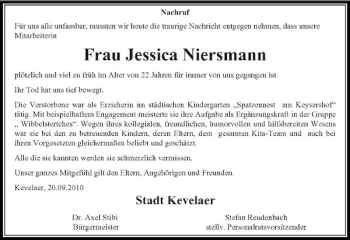 Traueranzeige von Frau Jessica Niersmann von Rheinische Post
