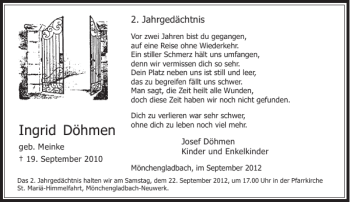 Traueranzeige von Ingrid Döhmen von Rheinische Post