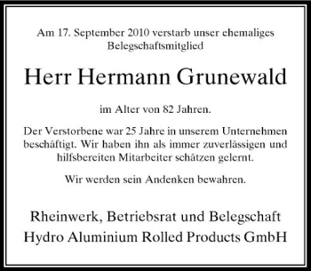 Traueranzeige von Herr Hermann Grunewald von Rheinische Post