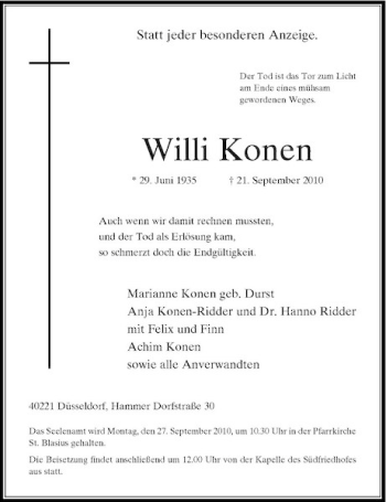Traueranzeige von Willi Konen von Rheinische Post