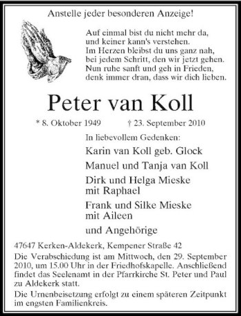 Traueranzeige von Peter van Koll von Rheinische Post