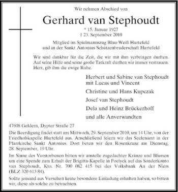 Traueranzeige von Gerhard van Stephoudt von Rheinische Post