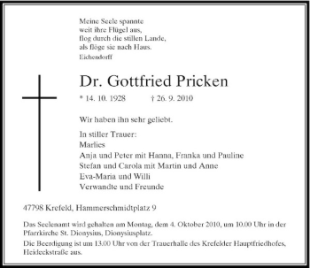 Traueranzeige von Dr. Gottfried Pricken von Rheinische Post
