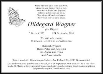 Traueranzeige von Hildegard Wagner von Rheinische Post
