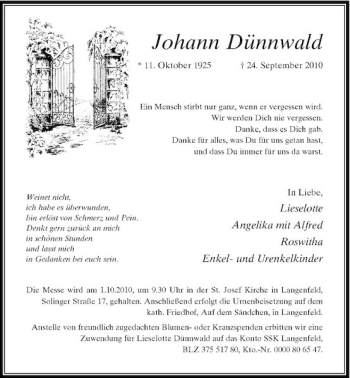 Traueranzeige von Johann Dünnwald von Rheinische Post
