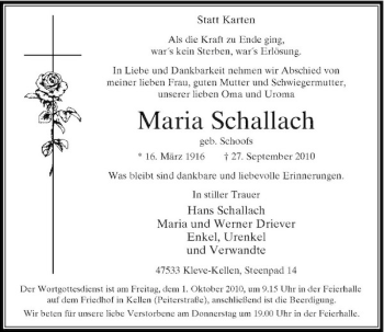 Traueranzeige von Maria Schallach von Rheinische Post