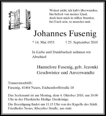 Traueranzeige von Johannes Fusenig von Rheinische Post