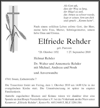 Traueranzeige von Elfriede Rehder von Rheinische Post