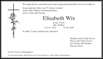 Traueranzeige von Elisabeth Wix von Rheinische Post