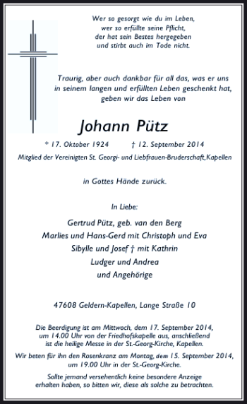 Traueranzeige von Johann Pütz von Rheinische Post