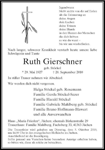 Traueranzeige von Ruth Gierschner von Rheinische Post