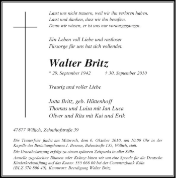 Traueranzeige von Walter Britz von Rheinische Post