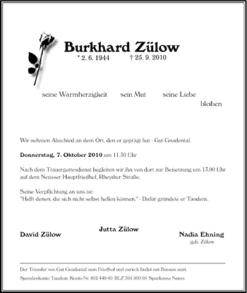 Traueranzeige von Burkhard Zülow von Rheinische Post