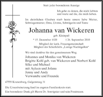 Traueranzeige von Johanna van Wickeren von Rheinische Post