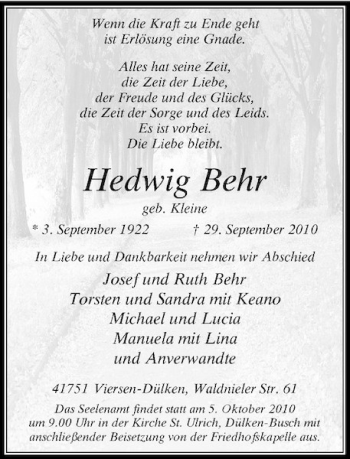 Traueranzeige von Hedwig Behr von Rheinische Post