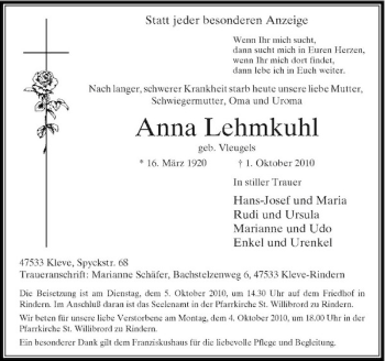Traueranzeige von Anna Lehmkuhl von Rheinische Post