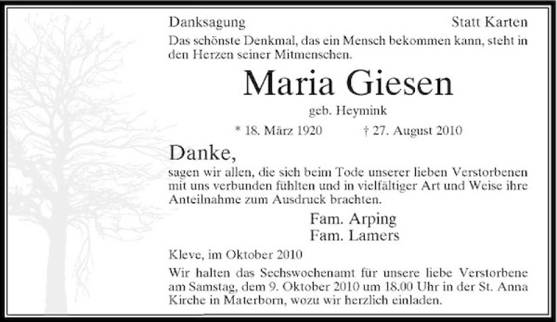  Traueranzeige für Maria Giesen vom 02.10.2010 aus Rheinische Post