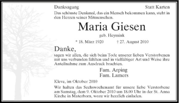 Traueranzeige von Maria Giesen von Rheinische Post