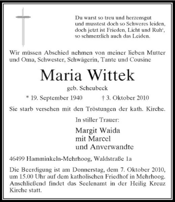 Traueranzeige von Maria Wittek von Rheinische Post