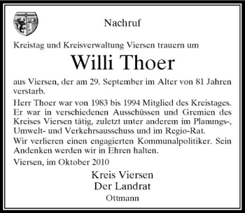 Traueranzeige von Willi Thoer von Rheinische Post