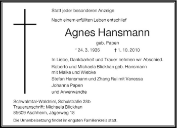 Traueranzeige von Agnes Hansmann von Rheinische Post