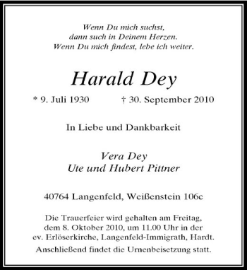 Traueranzeige von Harald Dey von Rheinische Post