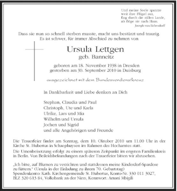 Traueranzeige von Ursula Lettgen von Rheinische Post