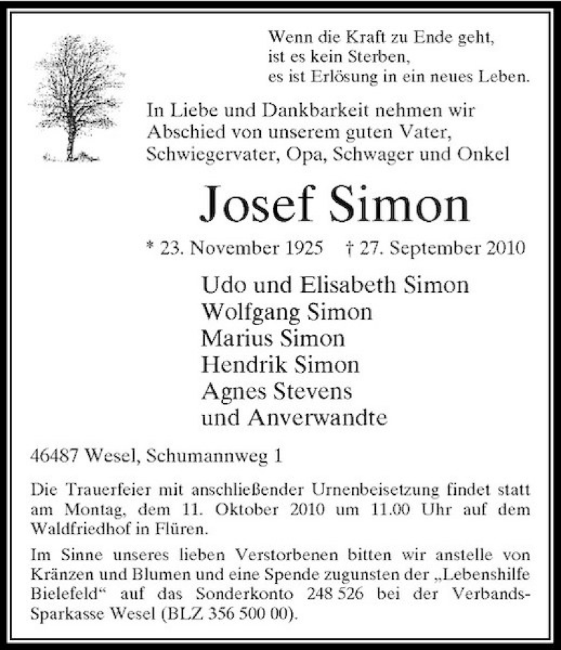  Traueranzeige für Josef Simon vom 06.10.2010 aus Rheinische Post