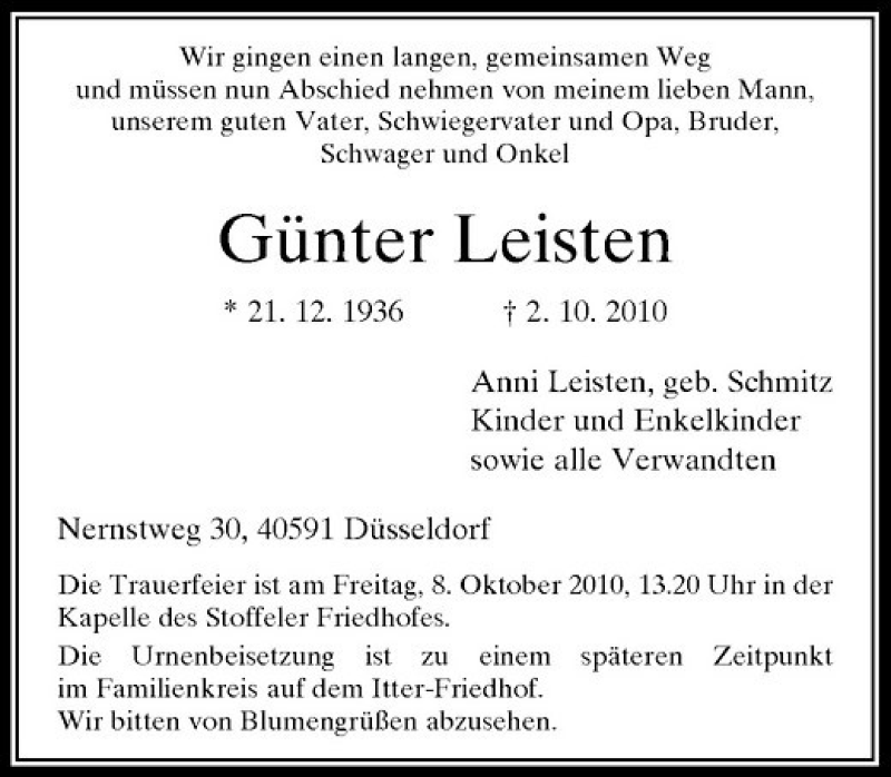  Traueranzeige für Günter Leisten vom 06.10.2010 aus Rheinische Post