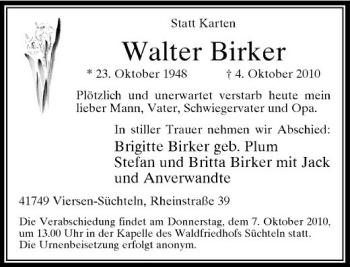 Traueranzeige von Walter Birker von Rheinische Post