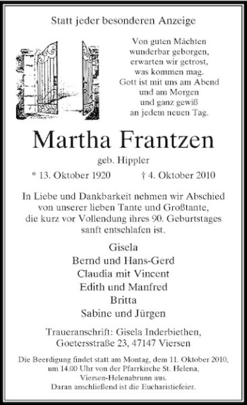 Traueranzeige von Martha Frantzen von Rheinische Post