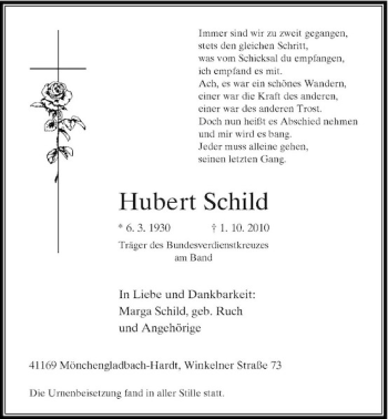 Traueranzeige von Hubert Schild von Rheinische Post