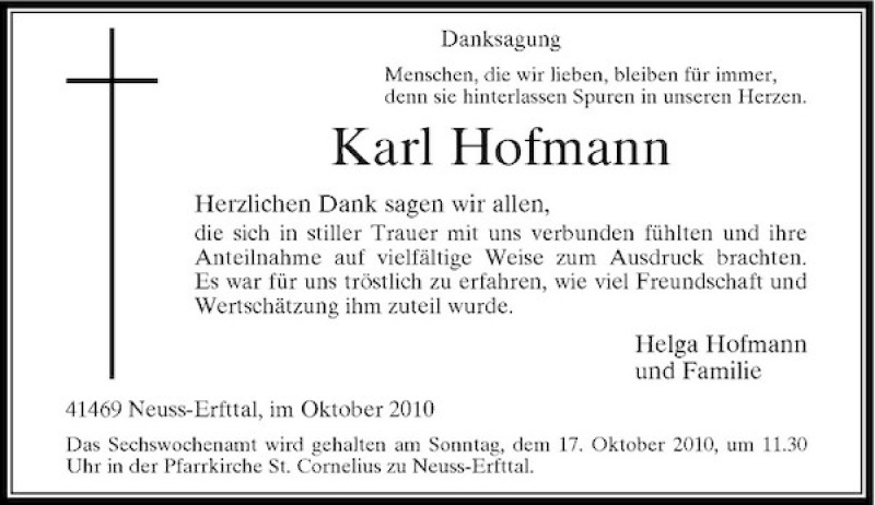  Traueranzeige für Karl Hofmann vom 09.10.2010 aus Rheinische Post