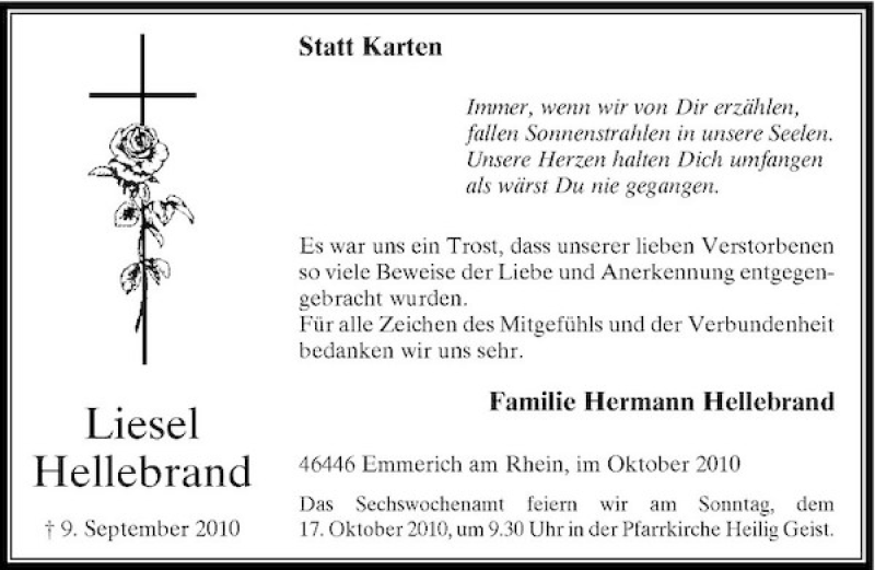  Traueranzeige für Liesel Hellebrand vom 09.10.2010 aus Rheinische Post