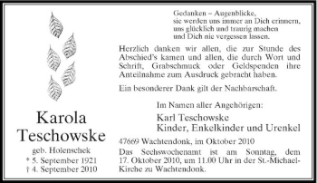 Traueranzeige von Karola Teschowske von Rheinische Post