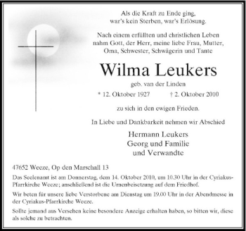 Traueranzeige von Wilma Leukers von Rheinische Post