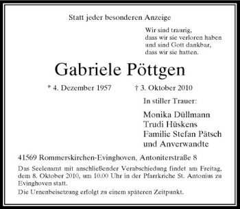 Traueranzeige von Gabriele Pöttgen von Rheinische Post