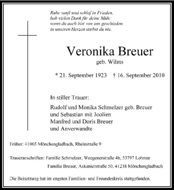 Traueranzeige von Breuer  von Rheinische Post