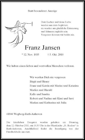 Traueranzeige von Franz Jansen von Rheinische Post