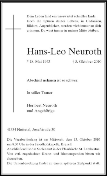Traueranzeige von Hans-Leo Neuroth von Rheinische Post