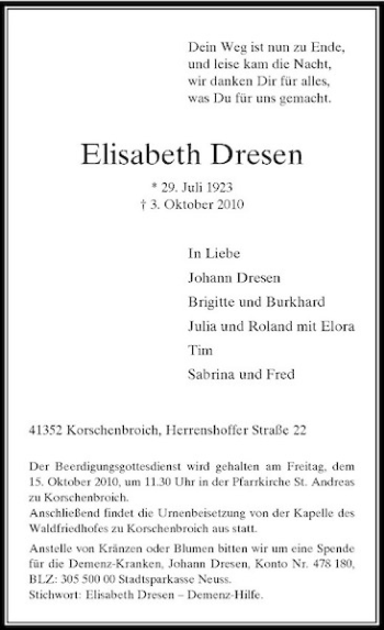 Traueranzeige von Elisabeth Dresen von Rheinische Post