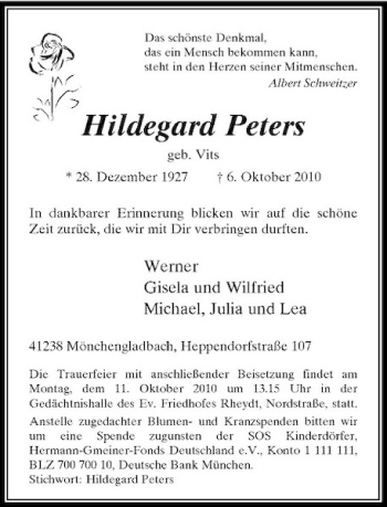 Traueranzeige von Hildegard Peters von Rheinische Post
