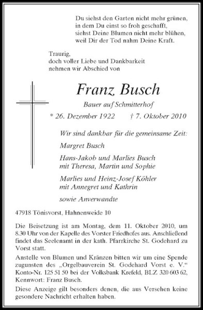  Traueranzeige für Franz Busch vom 09.10.2010 aus Rheinische Post