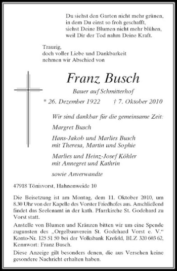 Traueranzeige von Franz Busch von Rheinische Post