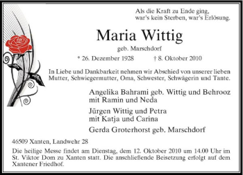 Traueranzeige von Maria Wittig von Rheinische Post