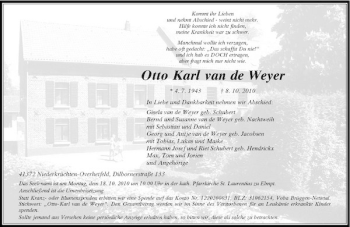 Traueranzeige von Otto Karl van de Weyer von Rheinische Post