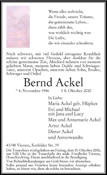 Traueranzeige von Bernd Ackel von Rheinische Post